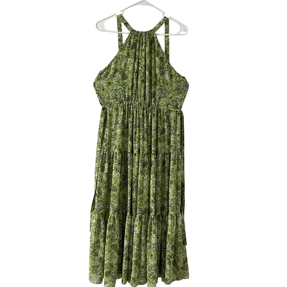 Cinq a Sept Green Floral Tiered Halter Maxi Dress Smocked Waist Size S